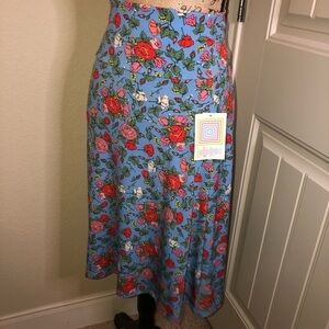 NWT LuLaRoe Azure Skirt Knee Length A Line in Blue with Red & Pink Floral Sz XS